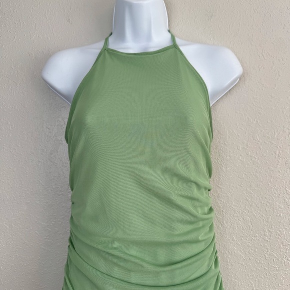 See You Monday green mesh ruched halter maxi bodycon dress M - Picture 2 of 10